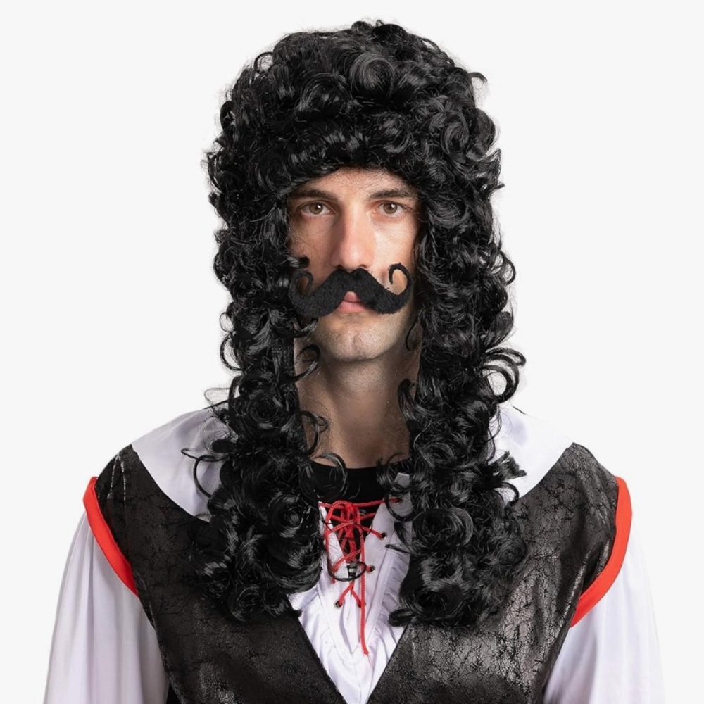 Black Curly Pirate Wig and Mustache Set Captain Hook